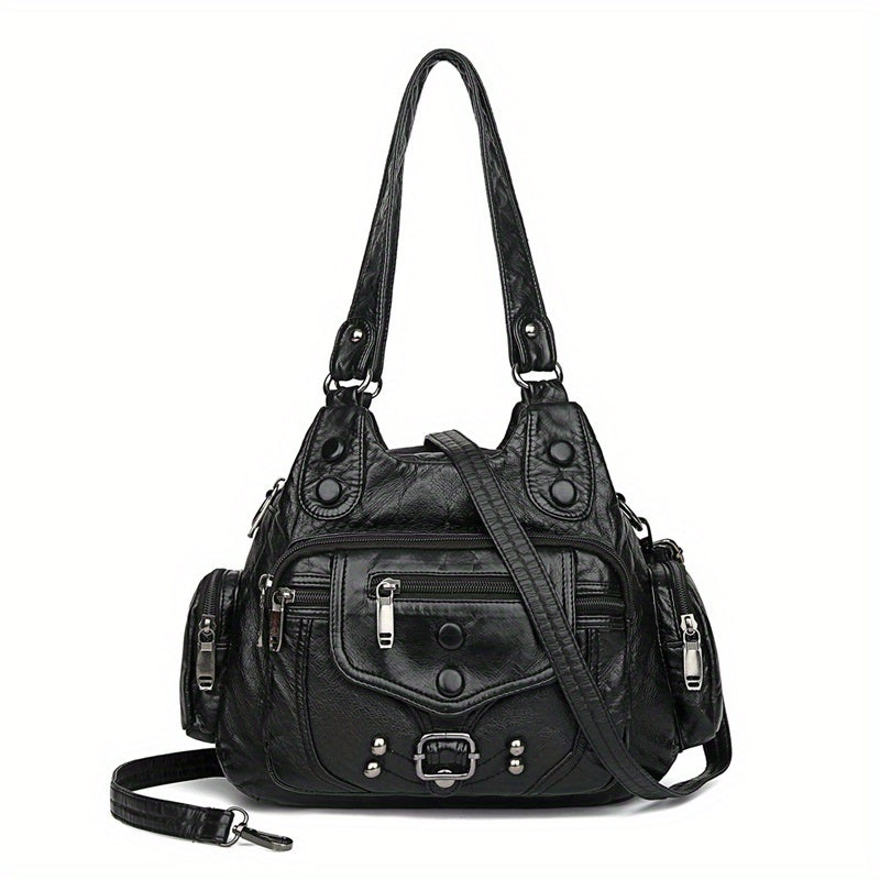 Vintage Design Hobo Shoulder Bag, Classic Zipper Shoulder Bag With Rivets Decor, Casual Handbag