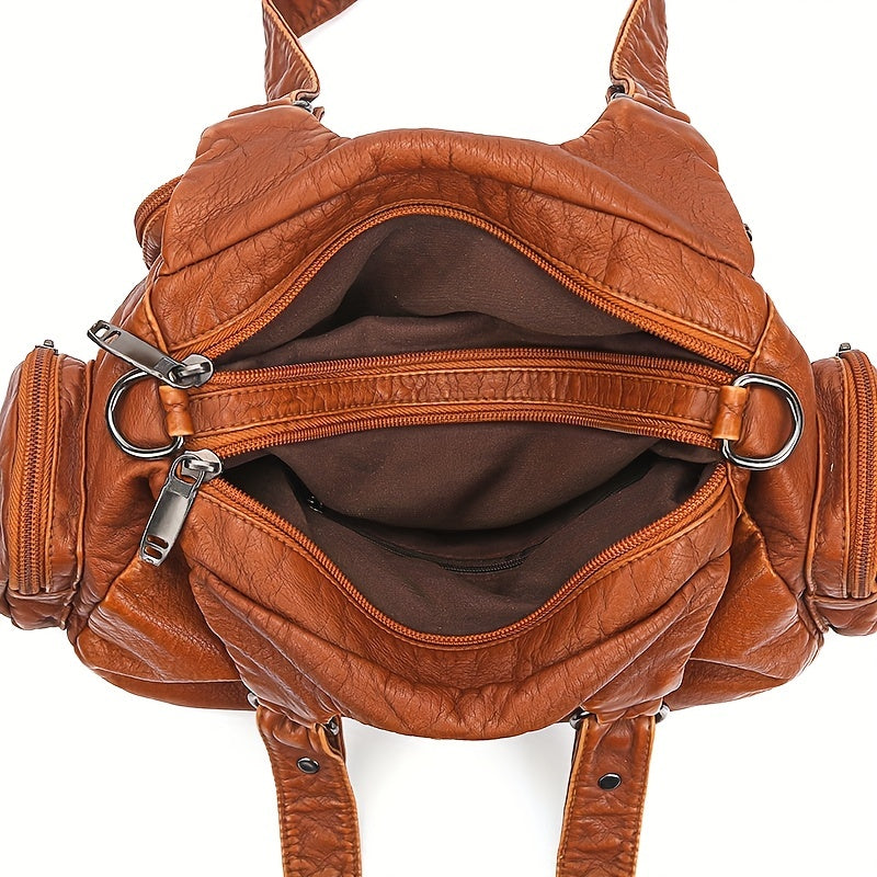 Vintage Design Hobo Shoulder Bag, Classic Zipper Shoulder Bag With Rivets Decor, Casual Handbag