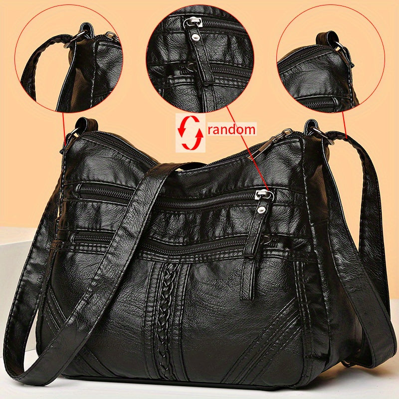Middle Aged Women's Shoulder Bag, Soft PU Leather Multi Zipper Crossbody Bag For Travel