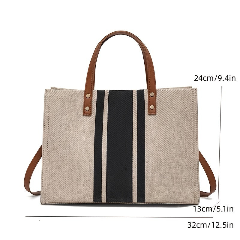 Striped Canvas Tote Bag, Simple Large Capacity Briefcase, Women's Work Shoulder Bag