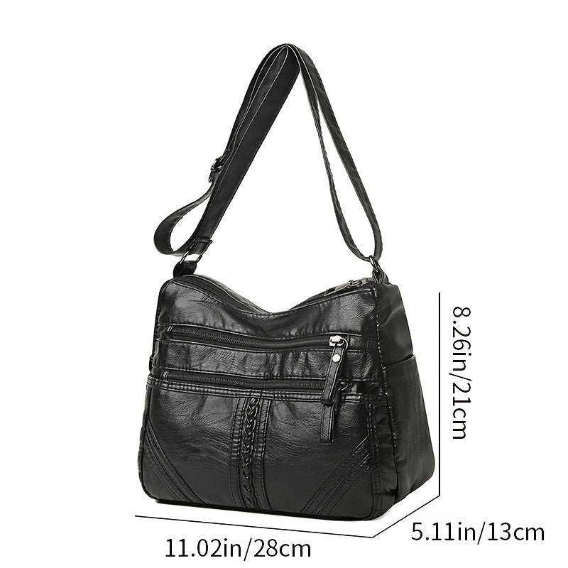 Middle Aged Women's Shoulder Bag, Soft PU Leather Multi Zipper Crossbody Bag For Travel