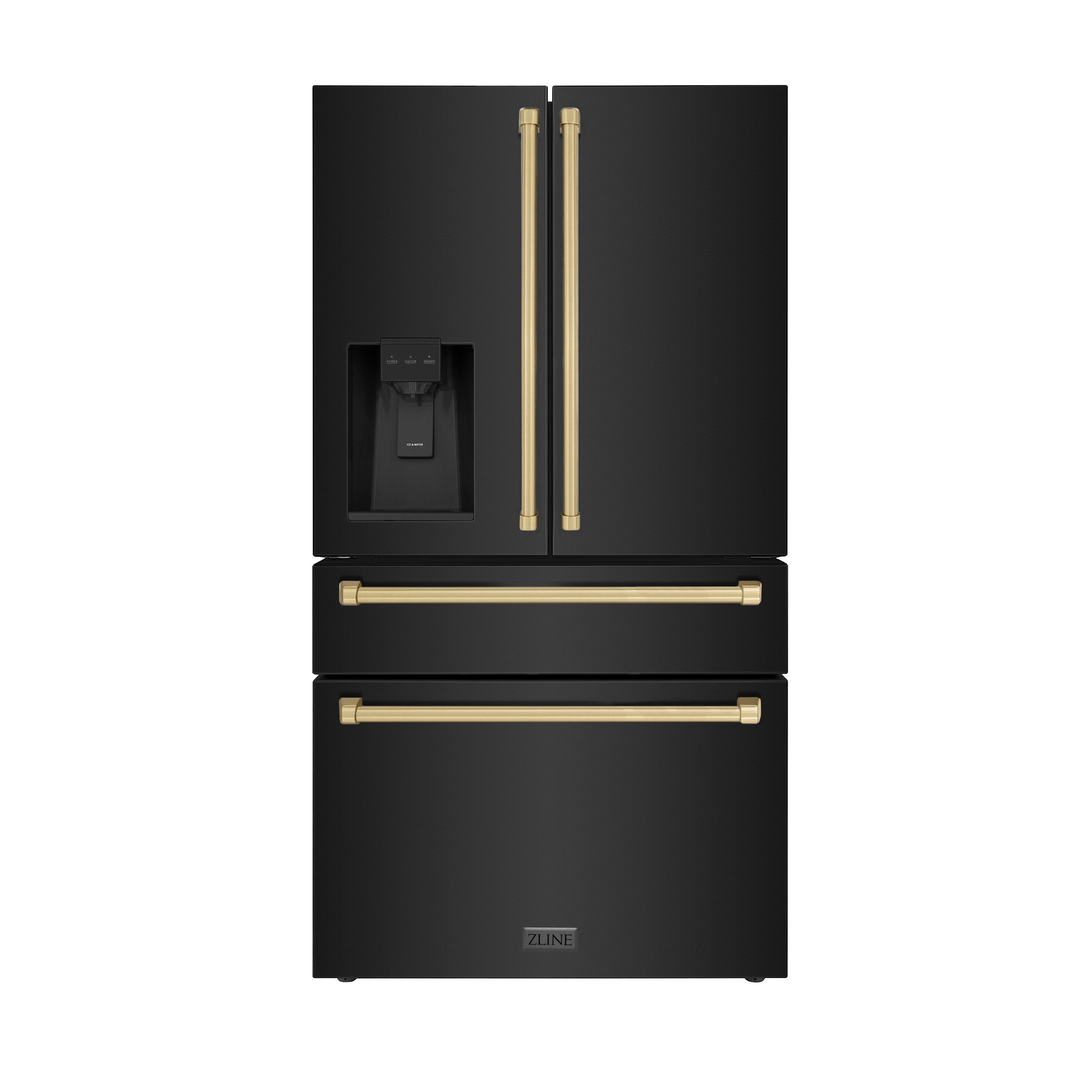 ZLINE KITCHEN & BATH Counter-Depth Autograph Edition 21.6-cu ft 4 -Door French Door Refrigerator with Ice Maker with Water Dispenser ( Fingerprint Resistant Black Stainless Steel with Champagne Bronze accent Handles ) ENERGY STAR Certified
